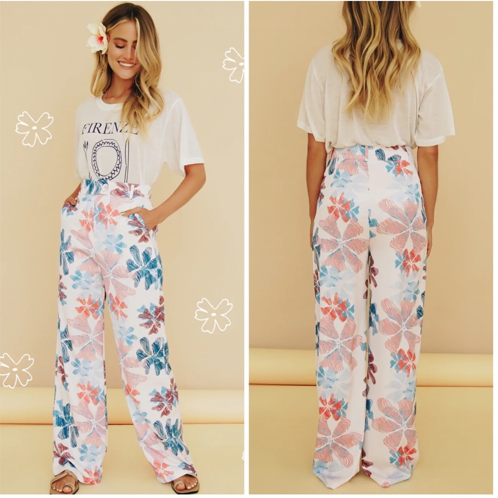 Floral Wide-Leg Trousers - White with Blue & Coral Print